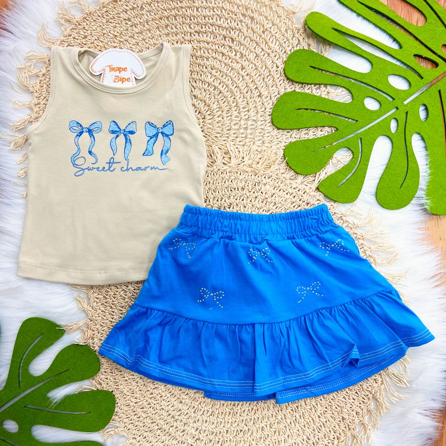 Conj. Regata Lacinhos e Short Saia com Strass - Areia e Azul